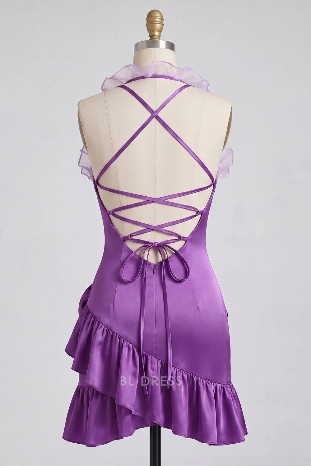 Chic A-Line V-Neck Halter Sleeveless Ruffled Floral Purple Short Homecoming Dress
