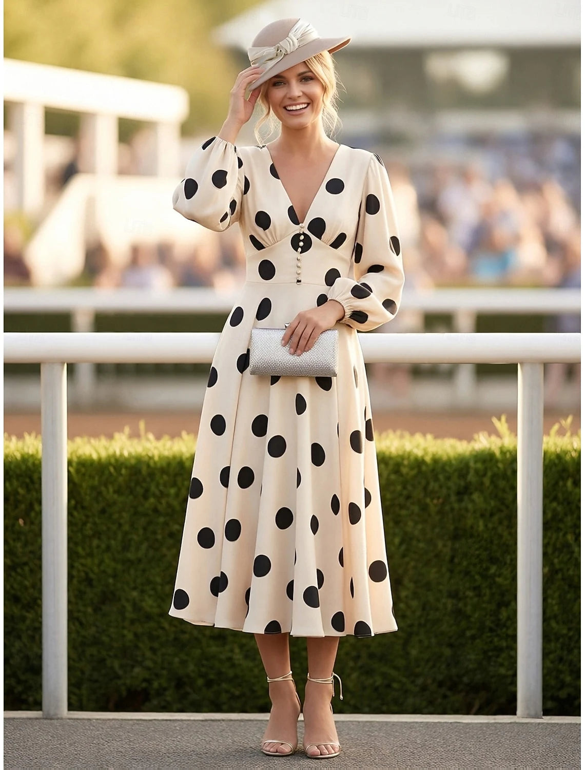Chic A-Line V-Neck Long Sleeve Polka Dot Cream Midi Prom Dress