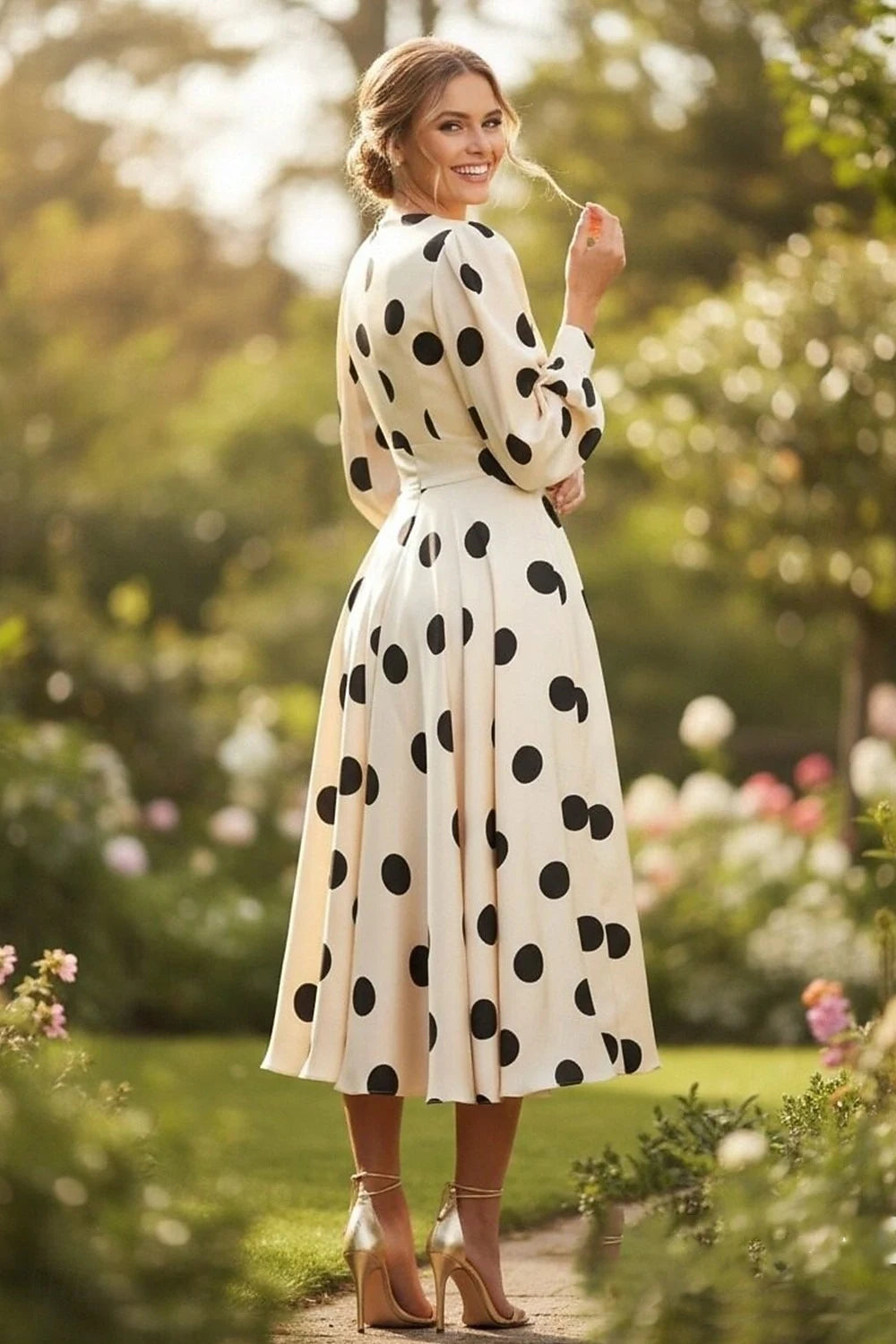 Chic A-Line V-Neck Long Sleeve Polka Dot Cream Midi Prom Dress