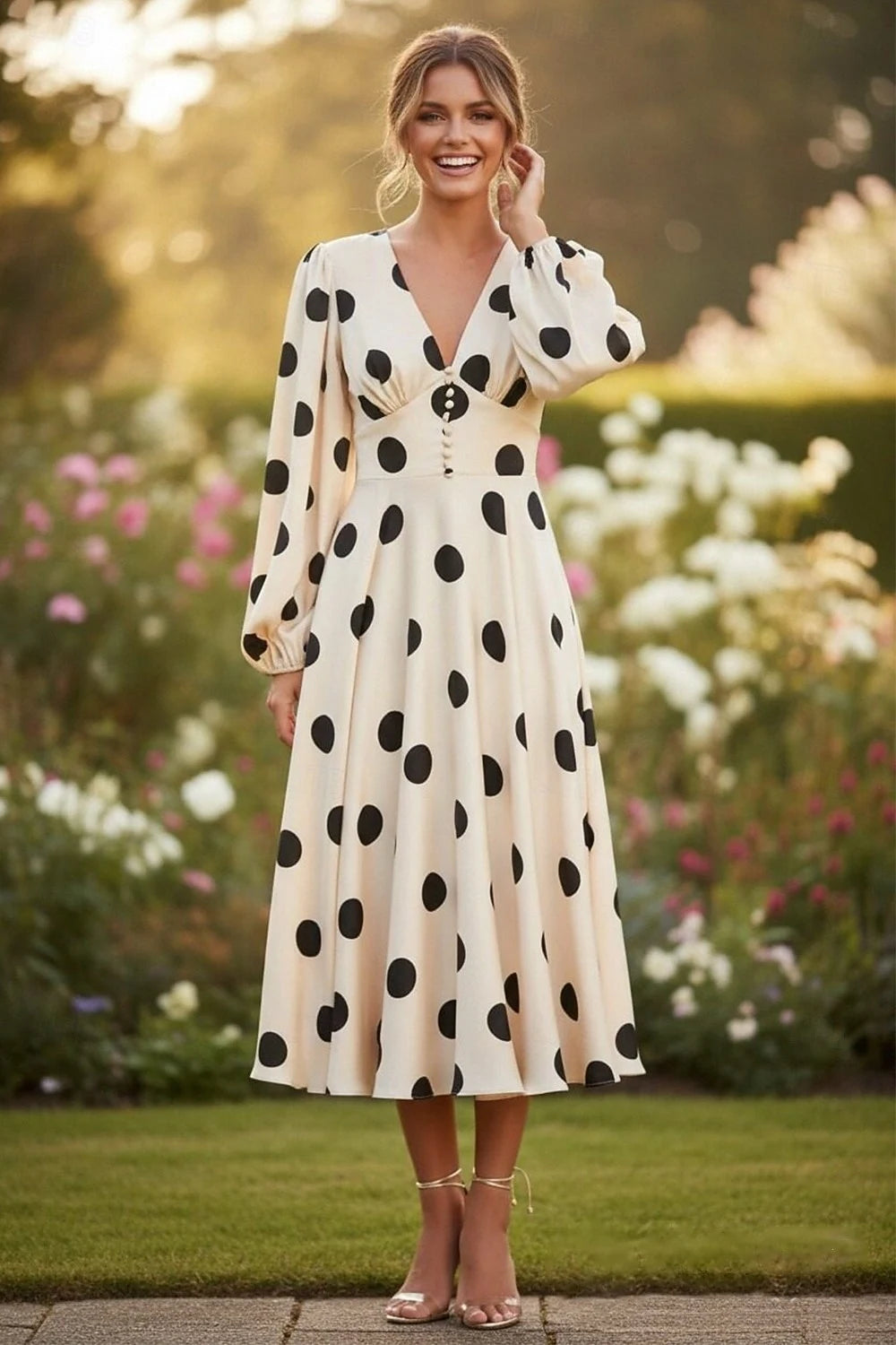 Chic A-Line V-Neck Long Sleeve Polka Dot Cream Midi Prom Dress