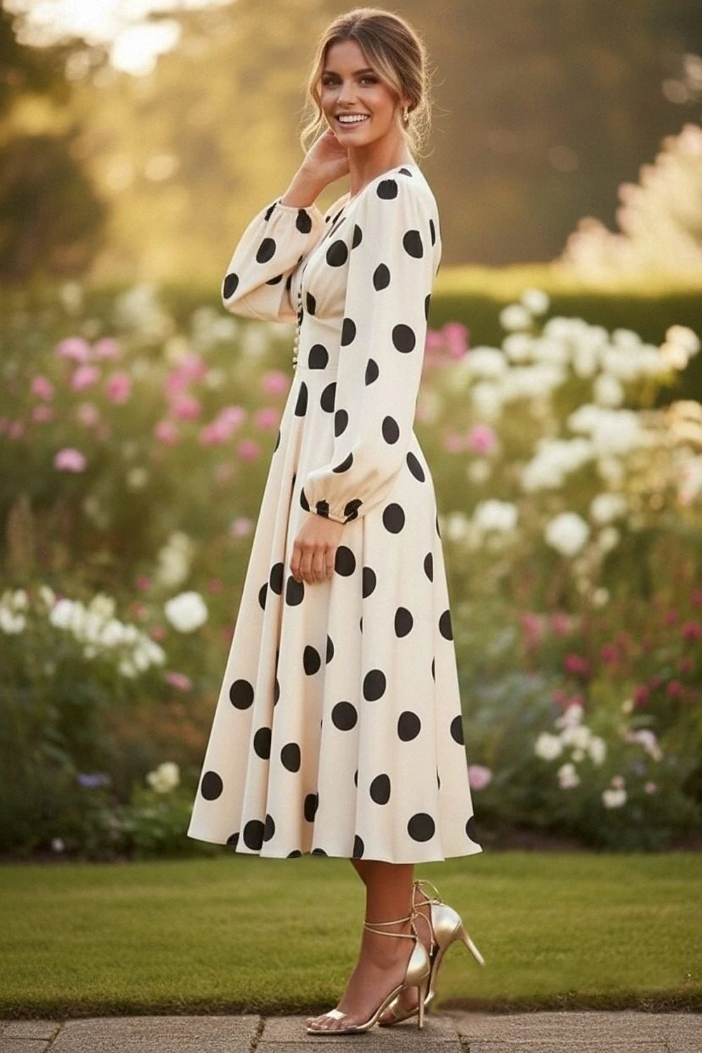 Chic A-Line V-Neck Long Sleeve Polka Dot Cream Midi Prom Dress