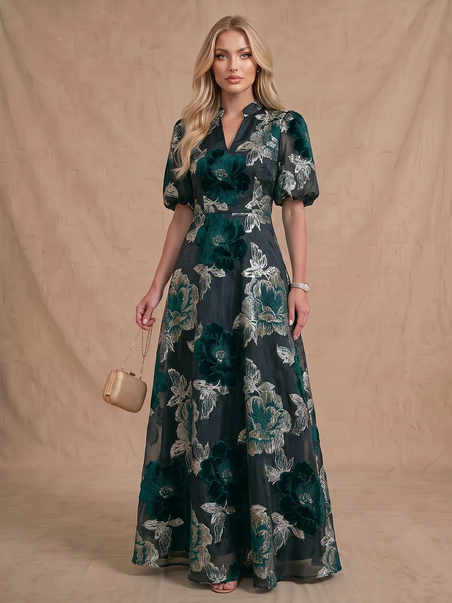 Chic A-Line V-Neck Puff-Sleeve Floral Green Mother Of The Bride Dress