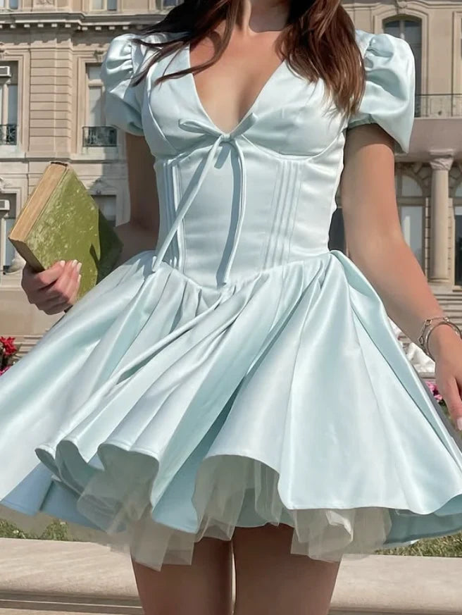 Chic A-Line V-Neck Puff Sleeve Elegant Pleated Aqua Short Homecoming Dresses for Women