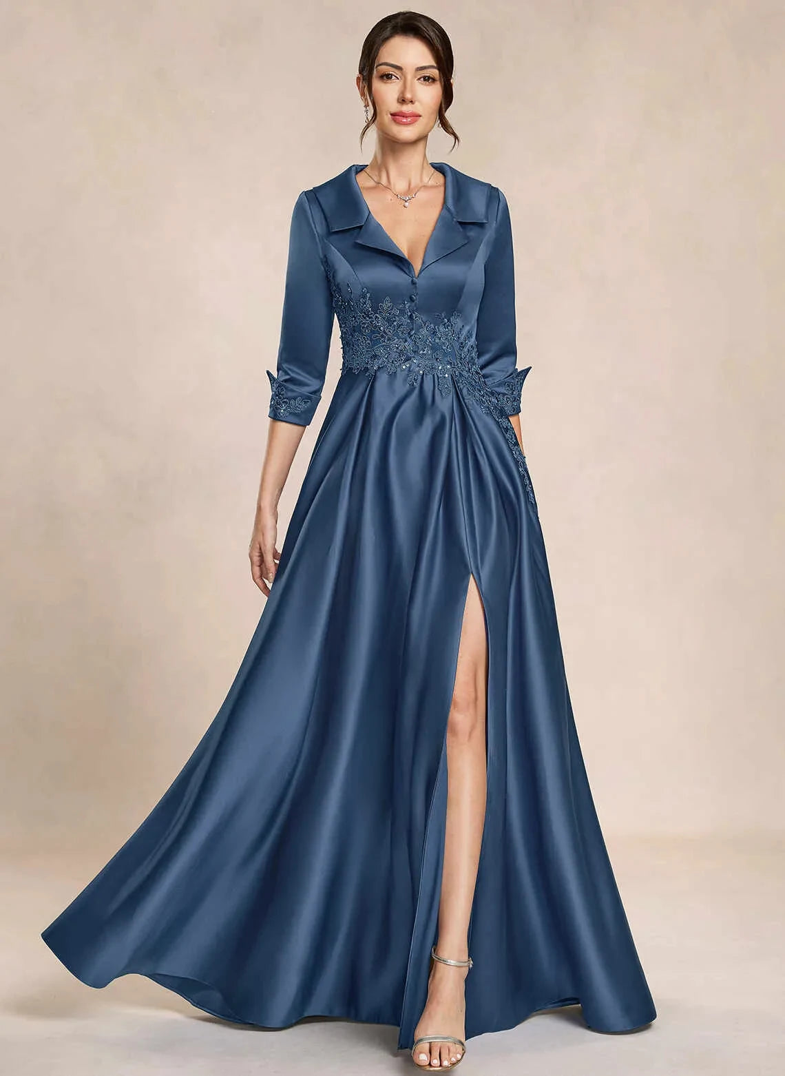 Chic A-Line V-Neck Sleeved Embroidered Blue Mother Of The Bride Dress
