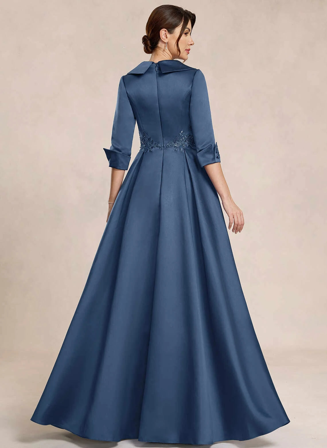 Chic A-Line V-Neck Sleeved Embroidered Blue Mother Of The Bride Dress