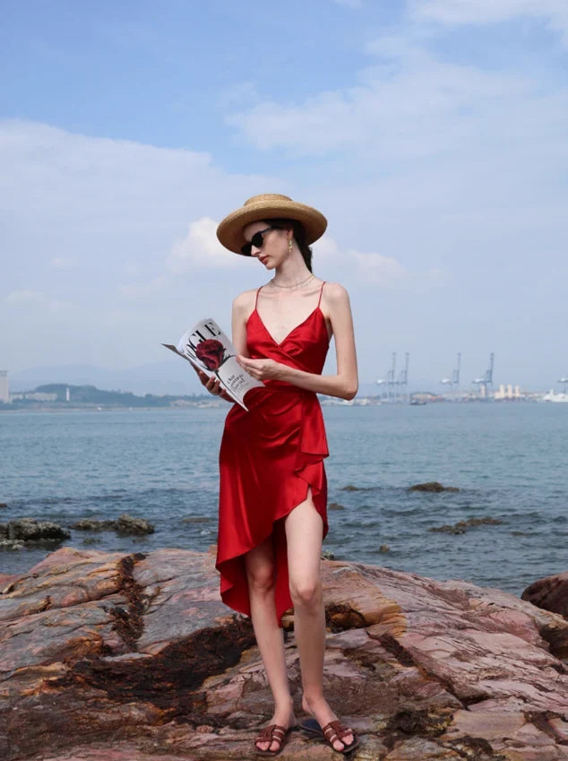 Chic A-Line V-Neck Sleeveless Asymmetrical Draped Red Midi Homecoming Dress