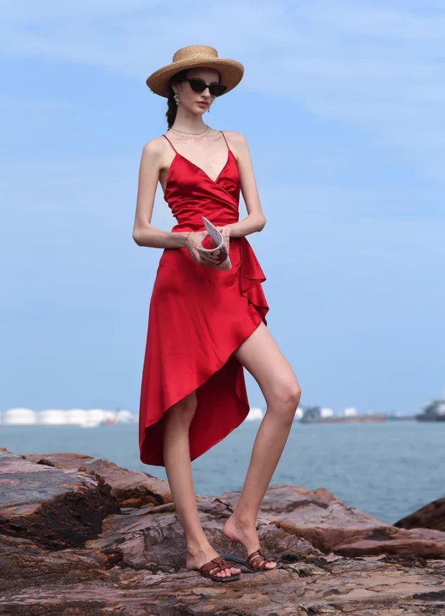 Chic A-Line V-Neck Sleeveless Asymmetrical Draped Red Midi Homecoming Dress