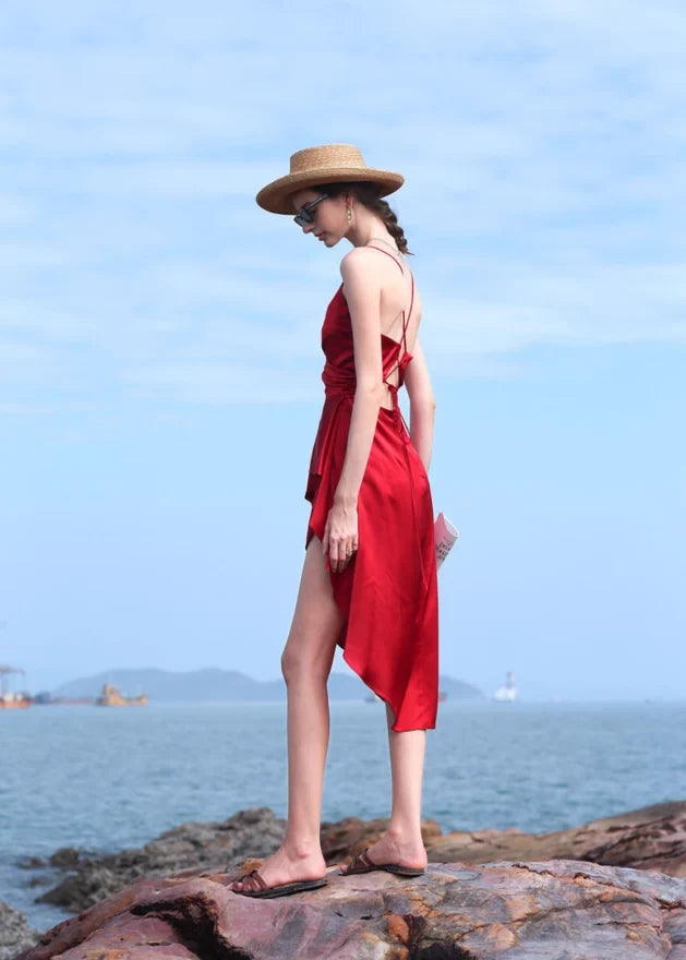Chic A-Line V-Neck Sleeveless Asymmetrical Draped Red Midi Homecoming Dress