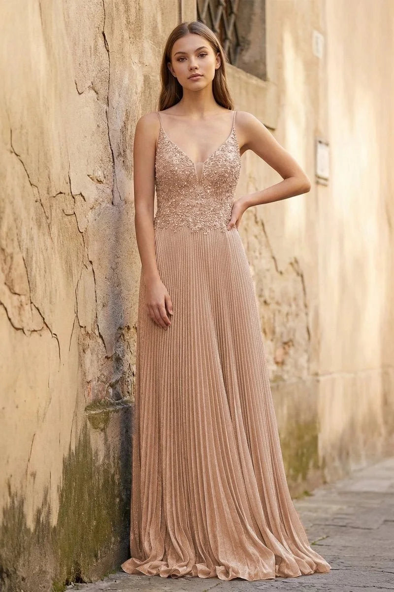 Chic A-Line V-Neck Sleeveless Beaded Pleated Champagne Long Prom Dresses Women