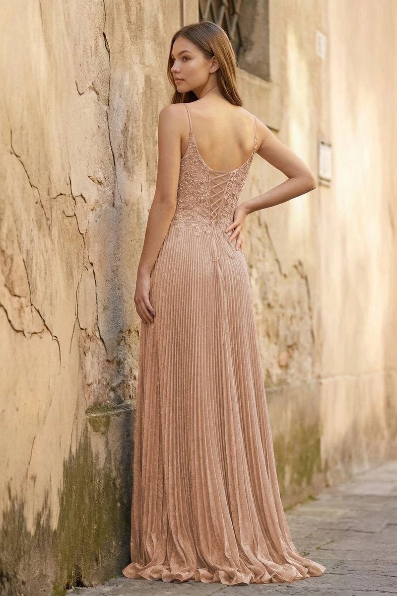 Chic A-Line V-Neck Sleeveless Beaded Pleated Champagne Long Prom Dresses Women