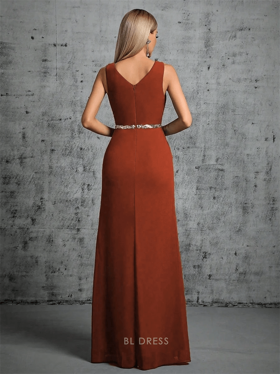 Chic A-Line V-Neck Sleeveless Draped Slit Rust Floor-Length Prom Dress Gown