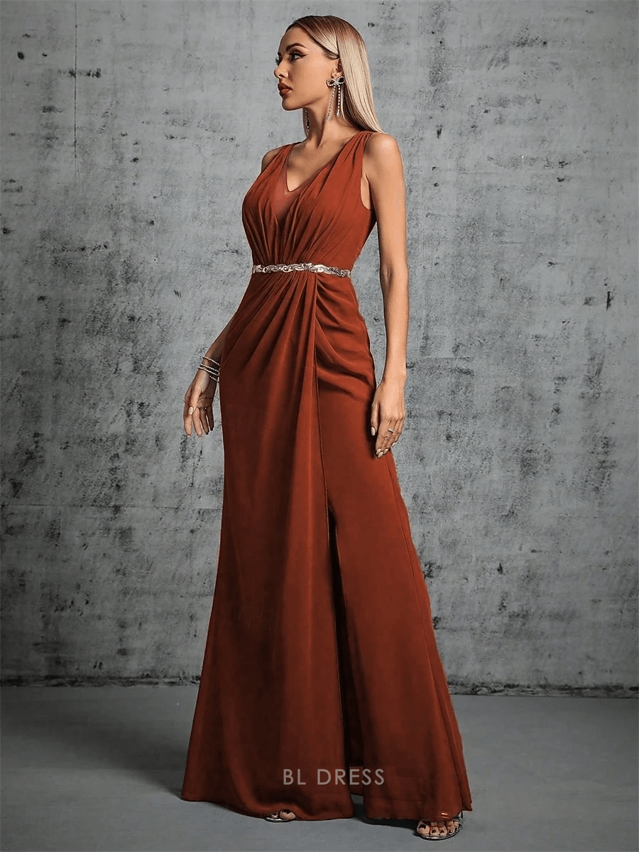 Chic A-Line V-Neck Sleeveless Draped Slit Rust Floor-Length Prom Dress Gown