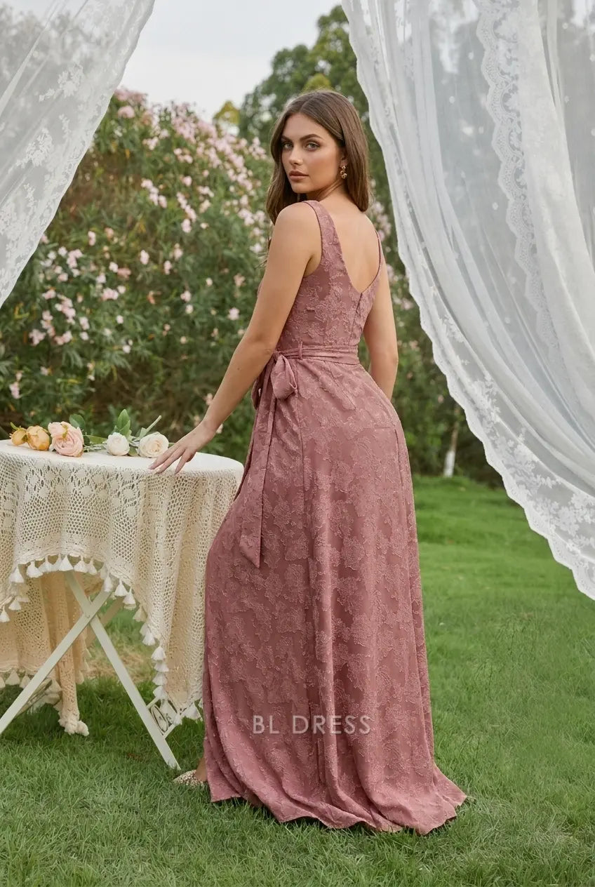 Chic A-Line V-Neck Sleeveless Wrap Slit Dusty Rose Floor-Length Prom Dress