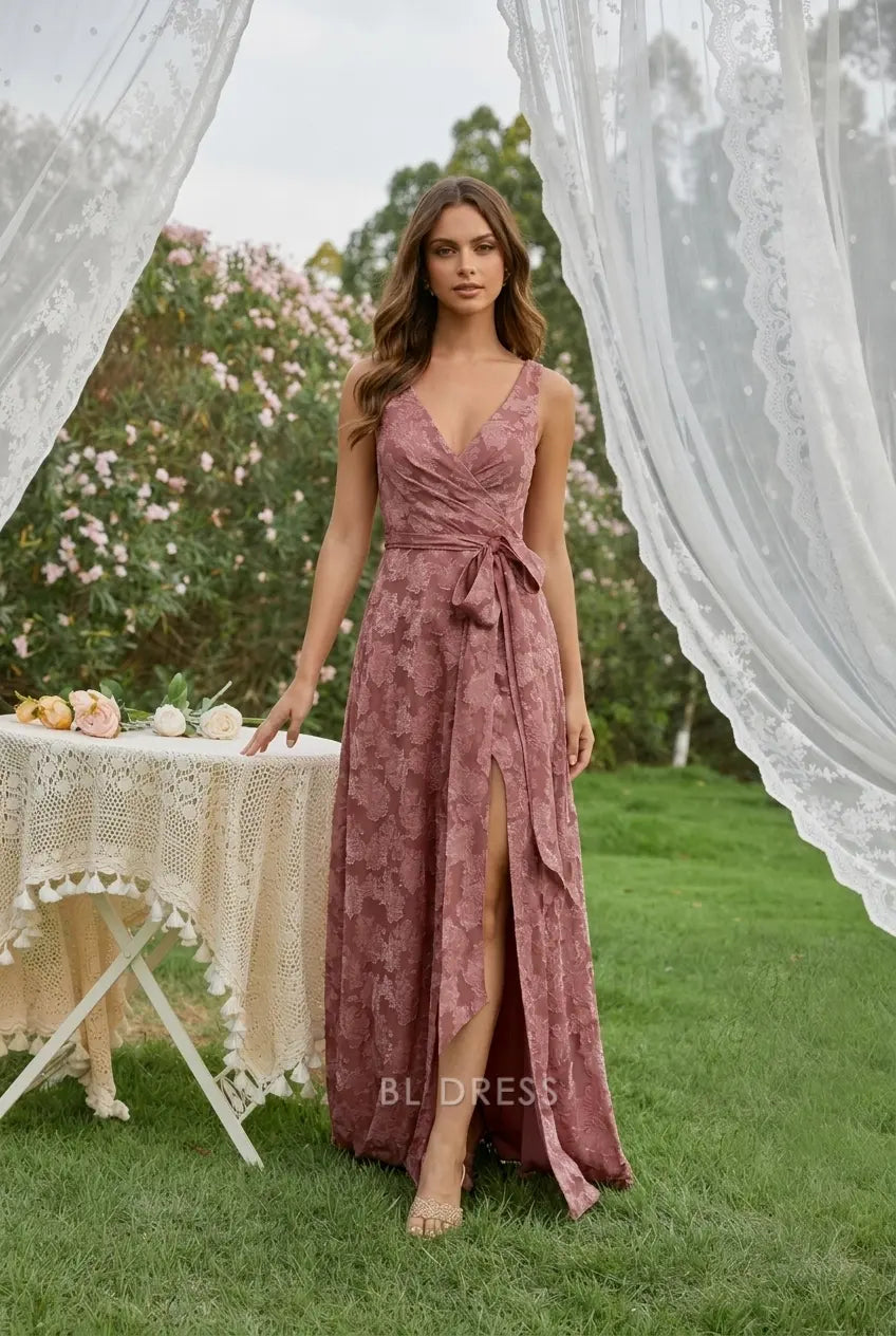 Chic A-Line V-Neck Sleeveless Wrap Slit Dusty Rose Floor-Length Prom Dress