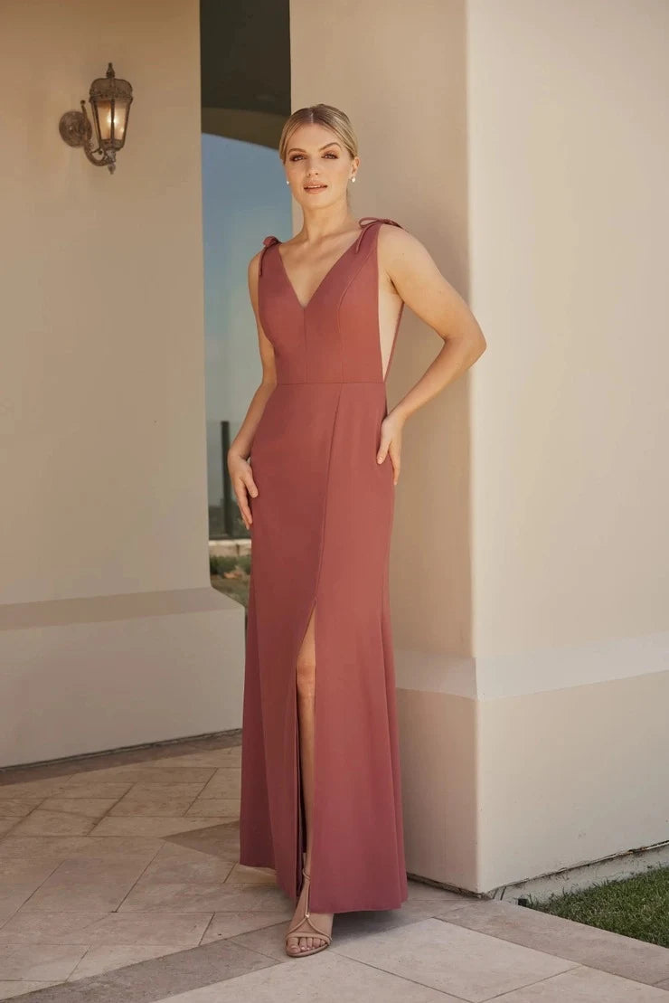 Chic A-Line V-Neck Tie-Shoulder Backless Dusty Rose Floor-Length Prom Dress