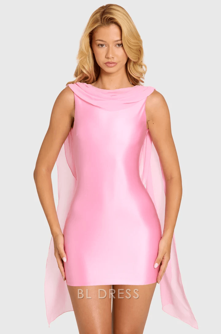 Chic Bodycon Cowl Neck Sleeveless Draped Back Pink Mini Homecoming Dress Women's