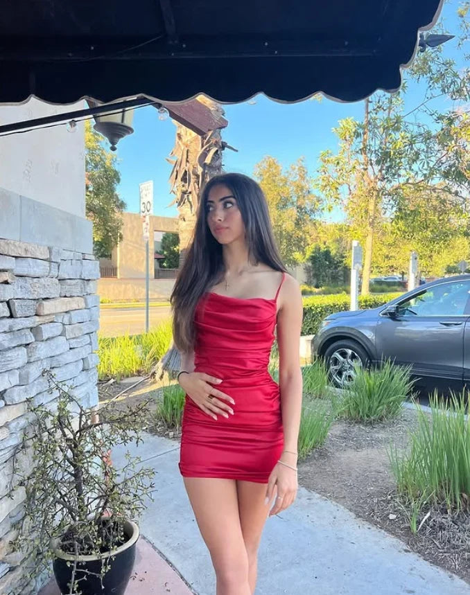 Chic Bodycon Cowl Neck Sleeveless Ruched Glamorous Red Mini Homecoming Dress Women's
