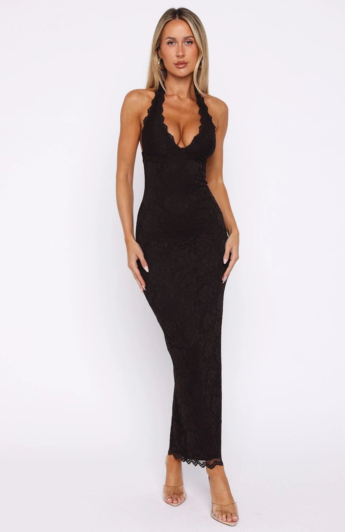 Chic Bodycon Halter Sleeveless Alluring Lace Dark Brown Maxi Prom Dress