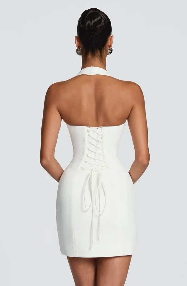 Chic Bodycon Halter Sleeveless Corset Ivory Mini Homecoming Dress Women