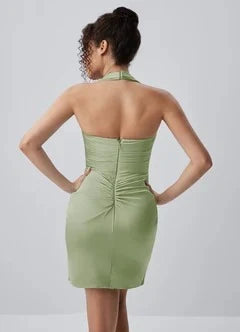 Chic Bodycon Halter Sleeveless Ruched Draped Sage Mini Homecoming Dress Women Party