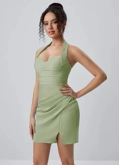 Chic Bodycon Halter Sleeveless Ruched Draped Sage Mini Homecoming Dress Women Party
