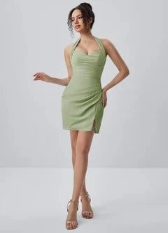 Chic Bodycon Halter Sleeveless Ruched Draped Sage Mini Homecoming Dress Women Party