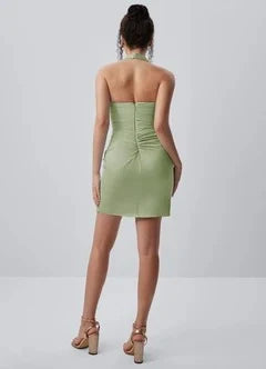 Chic Bodycon Halter Sleeveless Ruched Draped Sage Mini Homecoming Dress Women Party