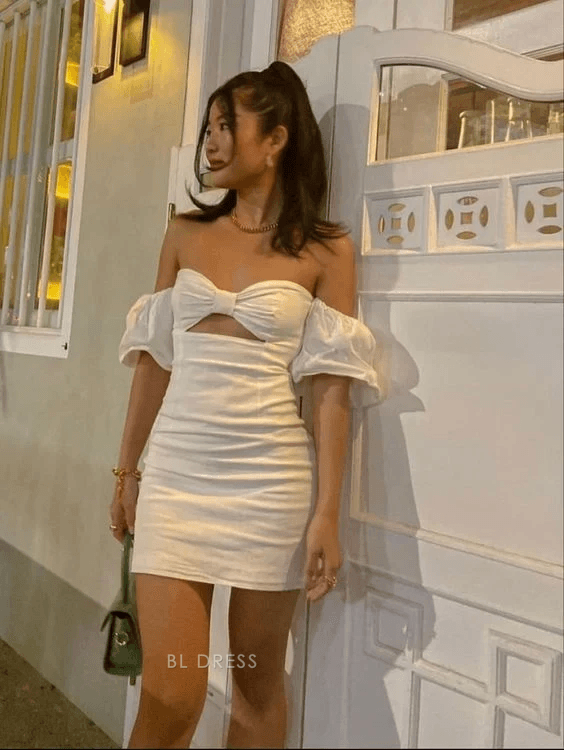 Chic Bodycon Off-Shoulder Puffy Bow Cutout White Mini Homecoming Dress