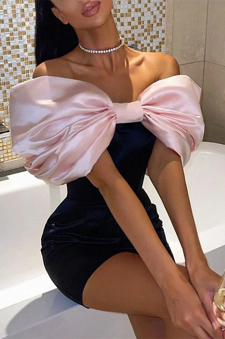 Chic Bodycon Off-Shoulder Puffy Bow Glamorous Black Pink Mini Homecoming Dress