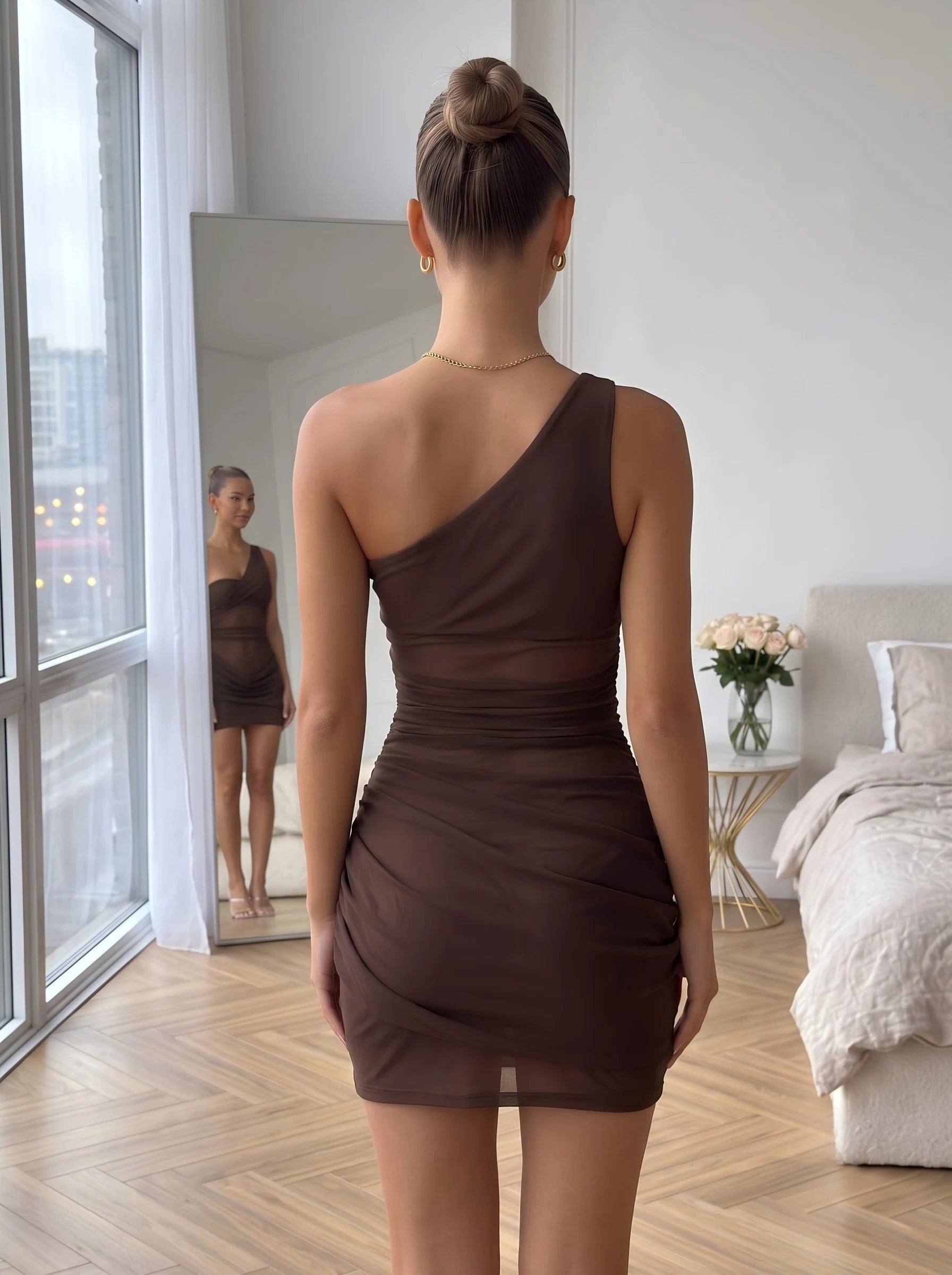 Chic Bodycon One-Shoulder Sleeveless Draped Mesh Chocolate Brown Mini Homecoming Dress Women's