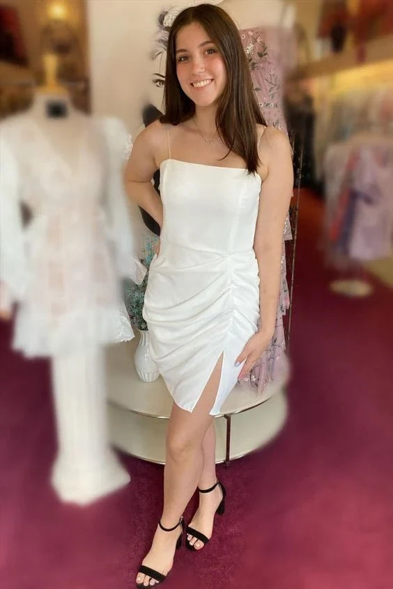 Chic Bodycon Square Neck Sleeveless Ruched Slit White Mini Homecoming Dress Women's