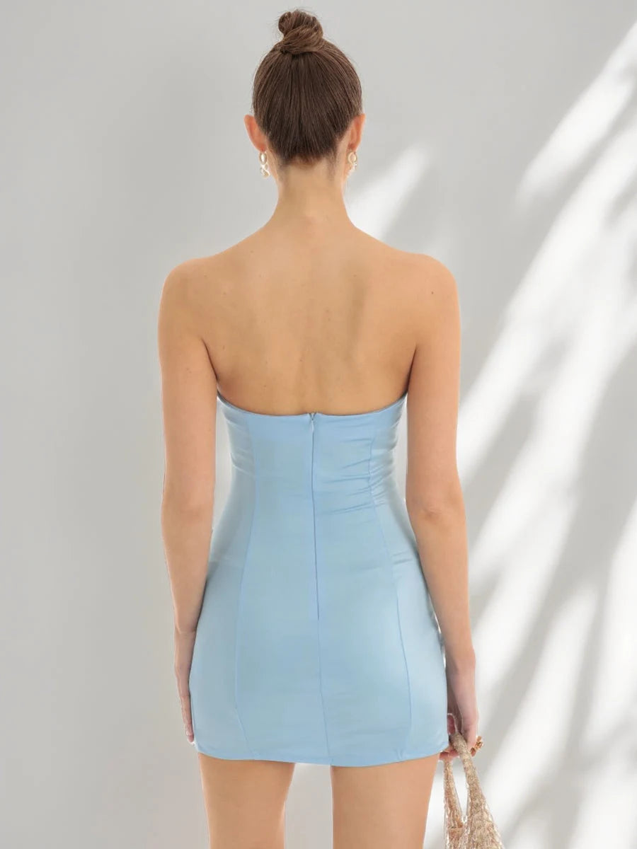 Chic Bodycon Strapless Ruffled Slit Light Blue Mini Homecoming Dress for Women