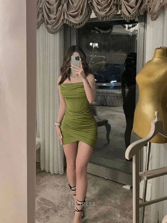 Chic Bodycon Strapless Sleeveless Draped Ruched Olive Mini Homecoming Dress for Women