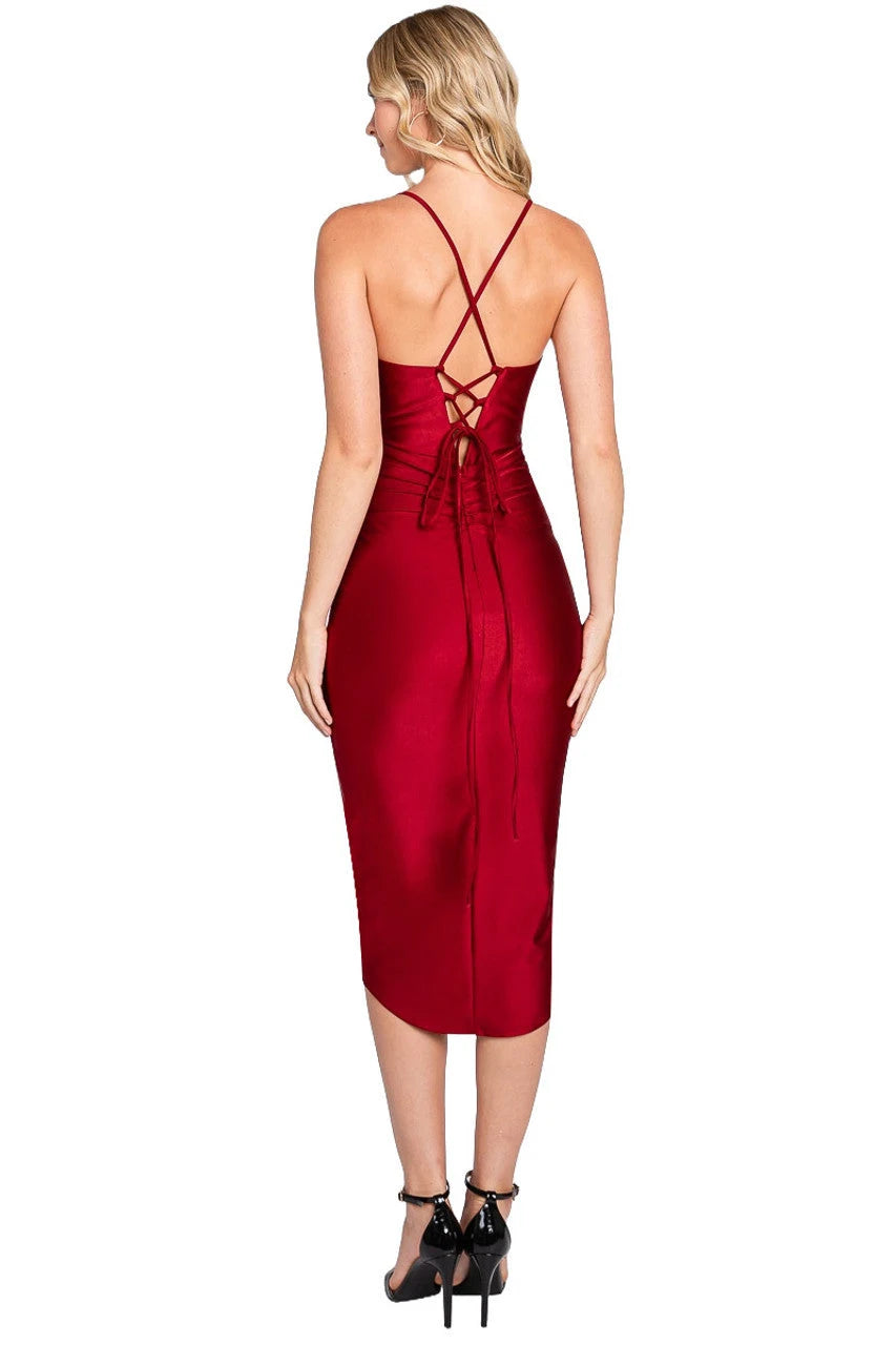 Chic Bodycon V-Neck Sleeveless Ruched Corset Wine Red Midi Homecoming Dresses Women