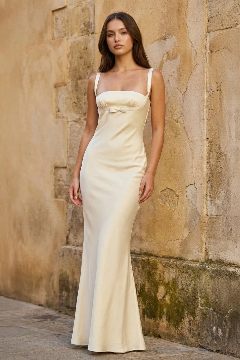 Chic Column Square Sleeveless Bow Corset Ivory Maxi Prom Dresses Women