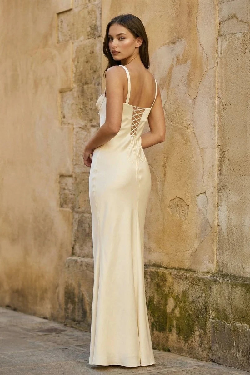 Chic Column Square Sleeveless Bow Corset Ivory Maxi Prom Dresses Women