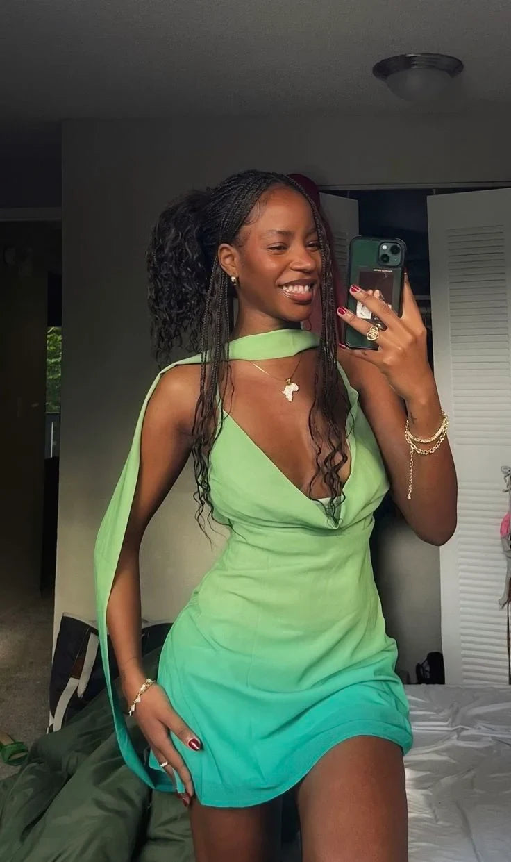 Chic Cowl Halter Ombre Cape Lime Green Mini Women's Homecoming Dress