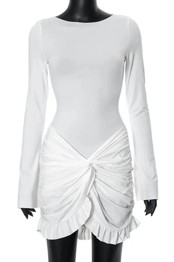 Chic Fitted Boat Neck Long Sleeve Ruched White Mini Homecoming Dress