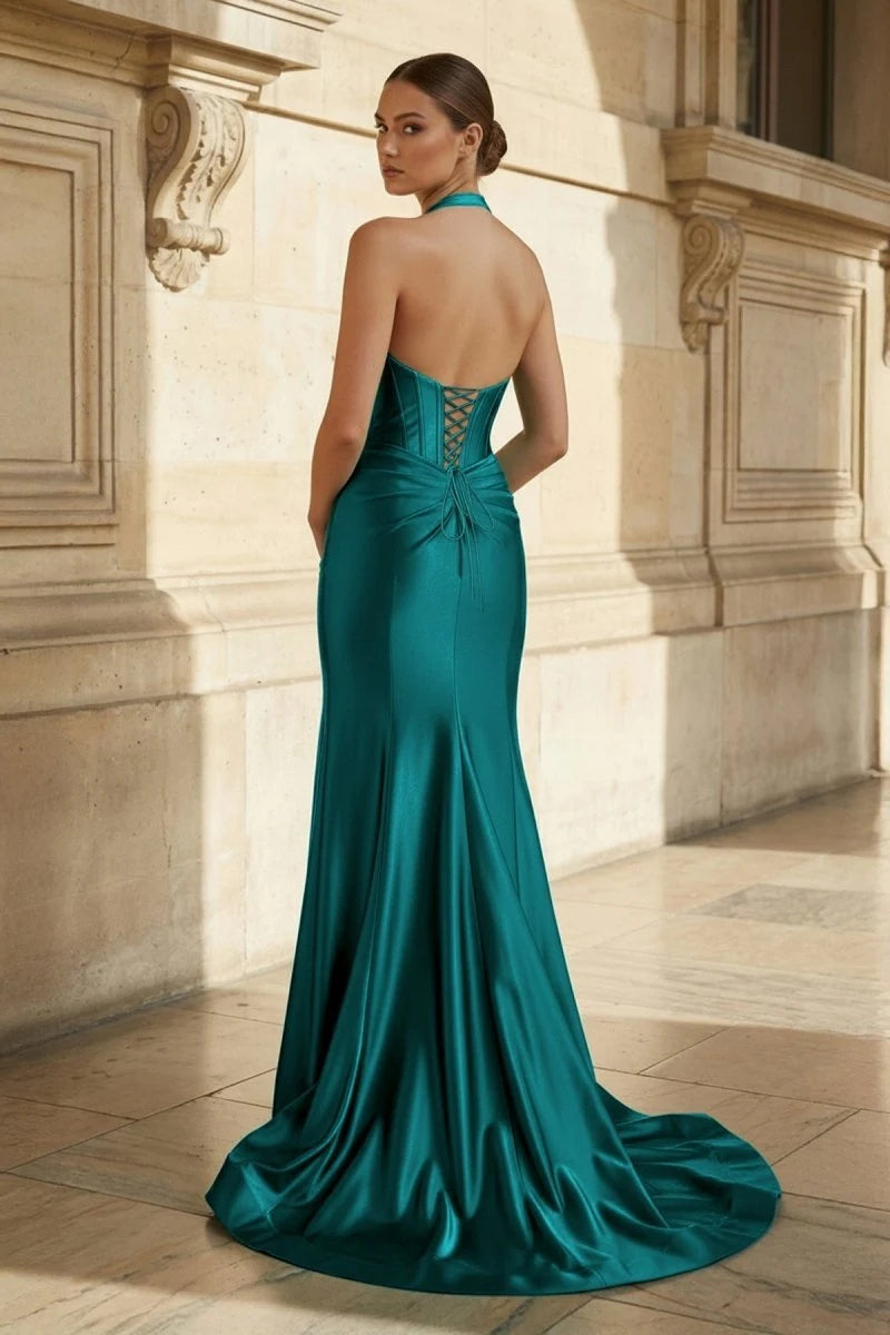 Chic Fitted Halter Sleeveless Corset Slit Teal Long Prom Dresses Women