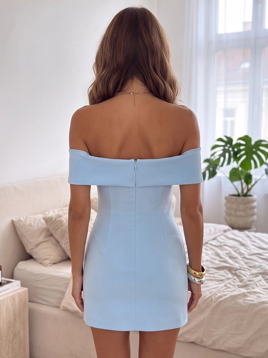 Chic Fitted Off-Shoulder Bow-Detail Elegant Light Blue Mini Homecoming Dress Women's