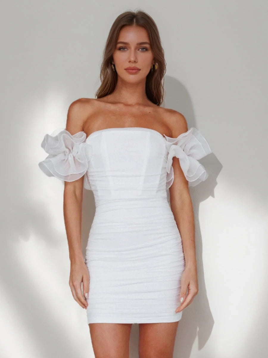 Chic Fitted Off-Shoulder Ruffled Ruched White Mini Homecoming Dress for Women