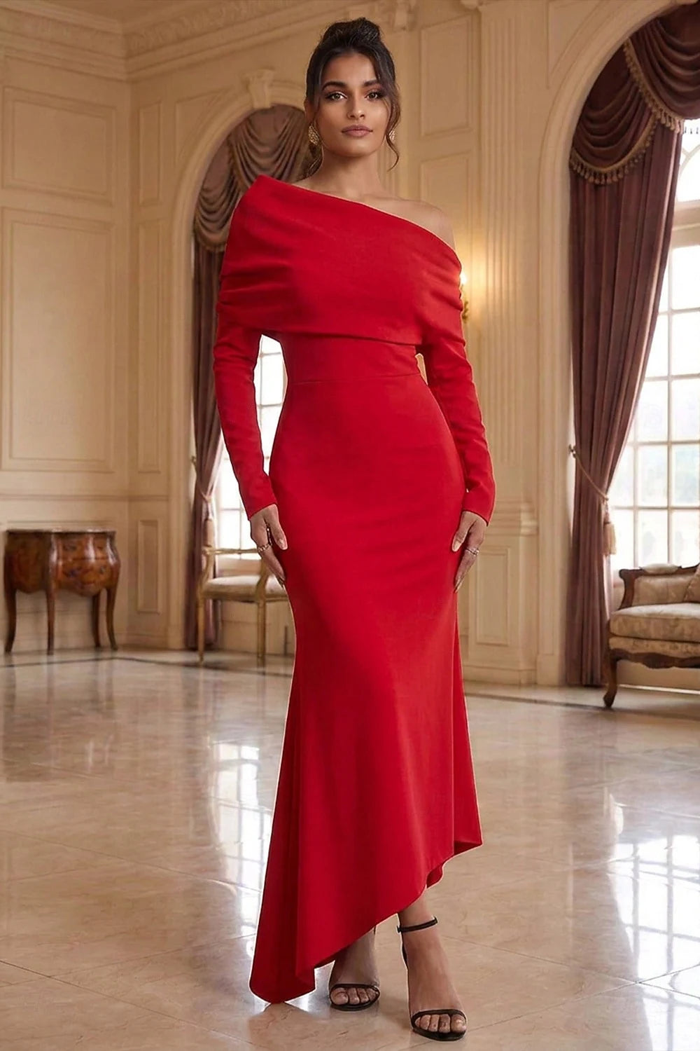 Chic Fitted One-Shoulder Long Sleeve Draped Red Midi Prom Dresses Women's Gown