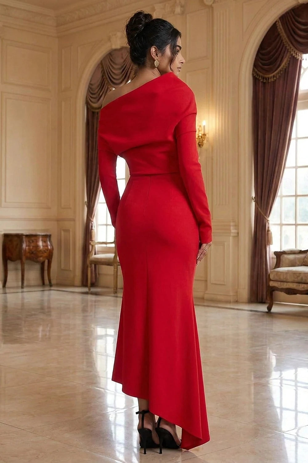 Chic Fitted One-Shoulder Long Sleeve Draped Red Midi Prom Dresses Women's Gown