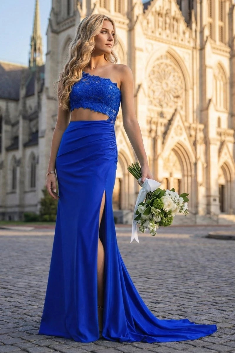 Chic Fitted One-Shoulder Sleeveless Cutout Slit Blue Long Women Prom Dresses
