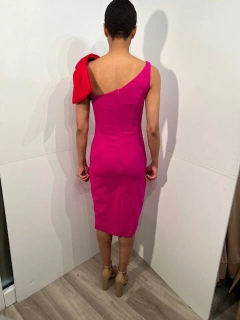 Chic Fitted One-Shoulder Sleeveless Statement Bow Hot Pink Midi Homecoming Dress