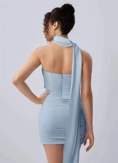 Chic Fitted One Shoulder Sleeveless Ruched Light Blue Mini Homecoming Dress