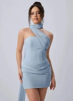 Chic Fitted One Shoulder Sleeveless Ruched Light Blue Mini Homecoming Dress