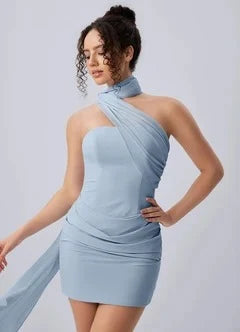 Chic Fitted One Shoulder Sleeveless Ruched Light Blue Mini Homecoming Dress