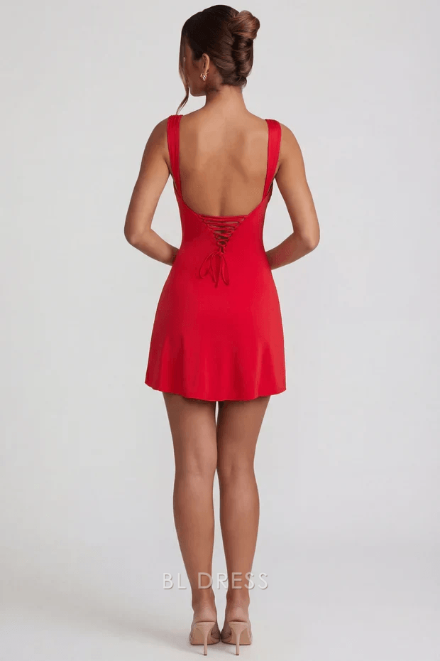 Chic Fitted Square Neck Sleeveless Lace-Up Red Mini Homecoming Dress