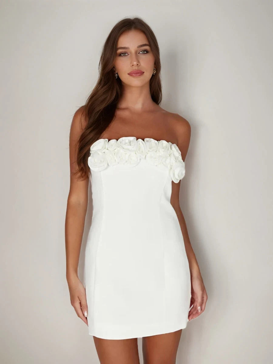 Chic Fitted Strapless Floral White Mini Homecoming Dress for Women
